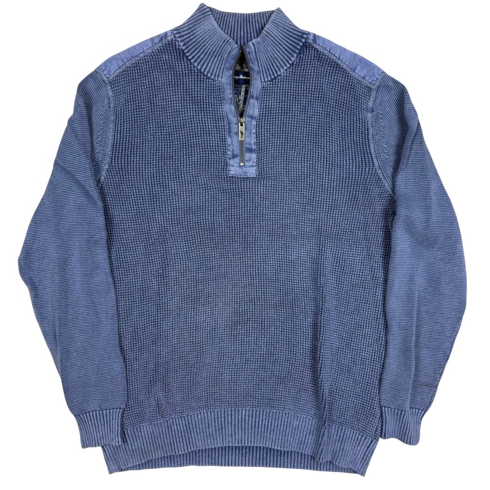 Tommy Bahama Quarter Zip Sweater XL 24x29 Blue Cotton Knit Coastal Pullover